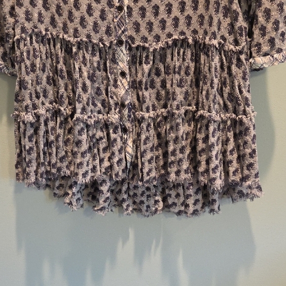 ODDY Tiered Button Down Tunic Raw Edge High Low Hem Gray And Blue Women's Small - Picture 4 of 12